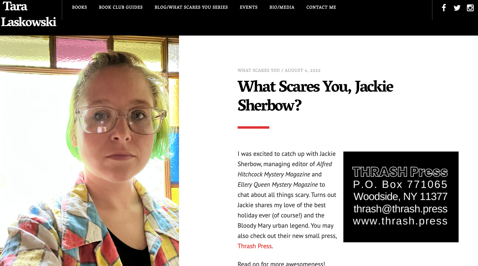 Screenshot of webpage: Tara Laskowski's What Scares You blog